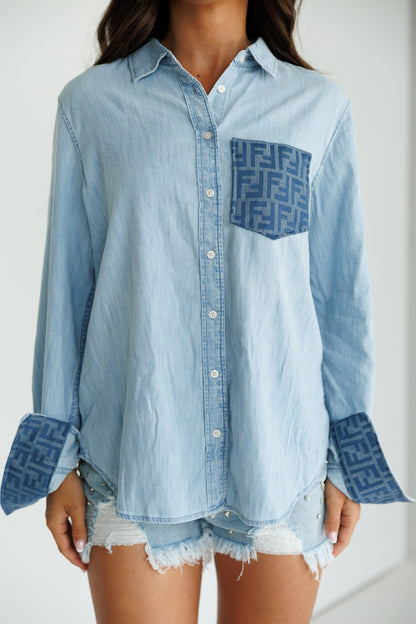 Designer Repurposed Denim Shirt w/ Designer Blue Scarf