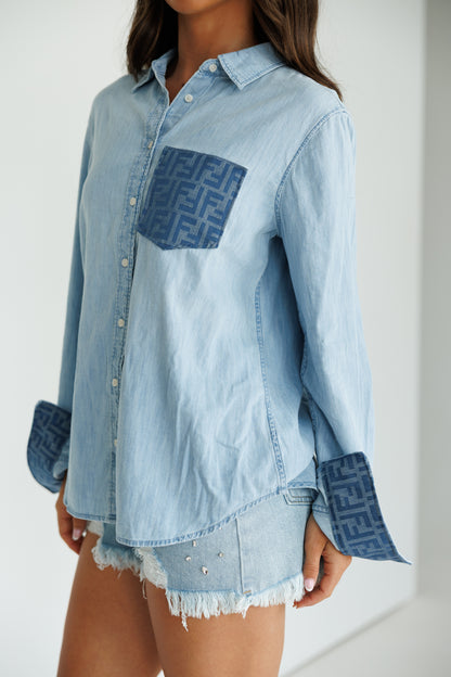 Designer Repurposed Denim Shirt w/ Designer Blue Scarf