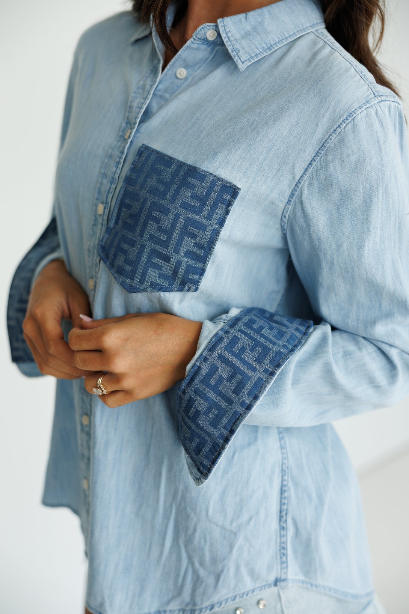 Designer Repurposed Denim Shirt w/ Designer Blue Scarf