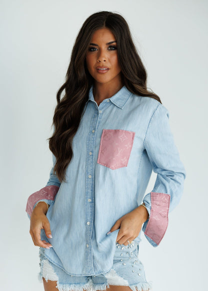 Designer Repurposed Denim Shirt w/ Designer Pink Scarf