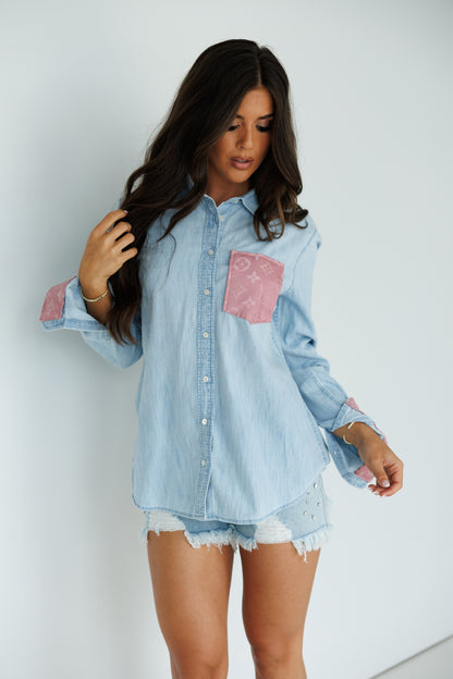 Designer Repurposed Denim Shirt w/ Designer Pink Scarf