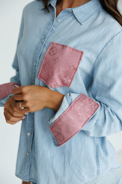 Designer Repurposed Denim Shirt w/ Designer Pink Scarf