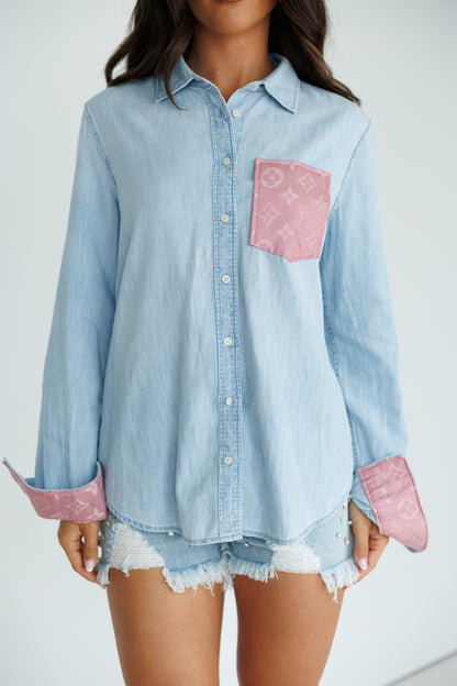 Designer Repurposed Denim Shirt w/ Designer Pink Scarf