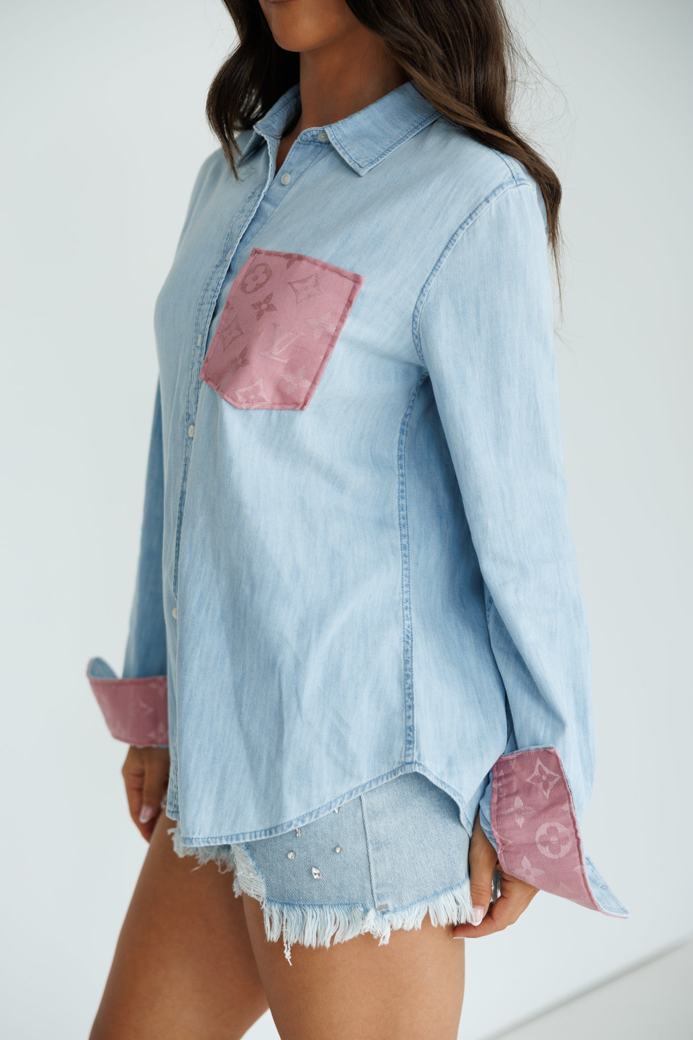 Designer Repurposed Denim Shirt w/ Designer Pink Scarf