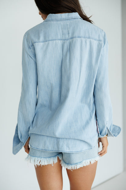 Designer Repurposed Denim Shirt w/ Designer Pink Scarf
