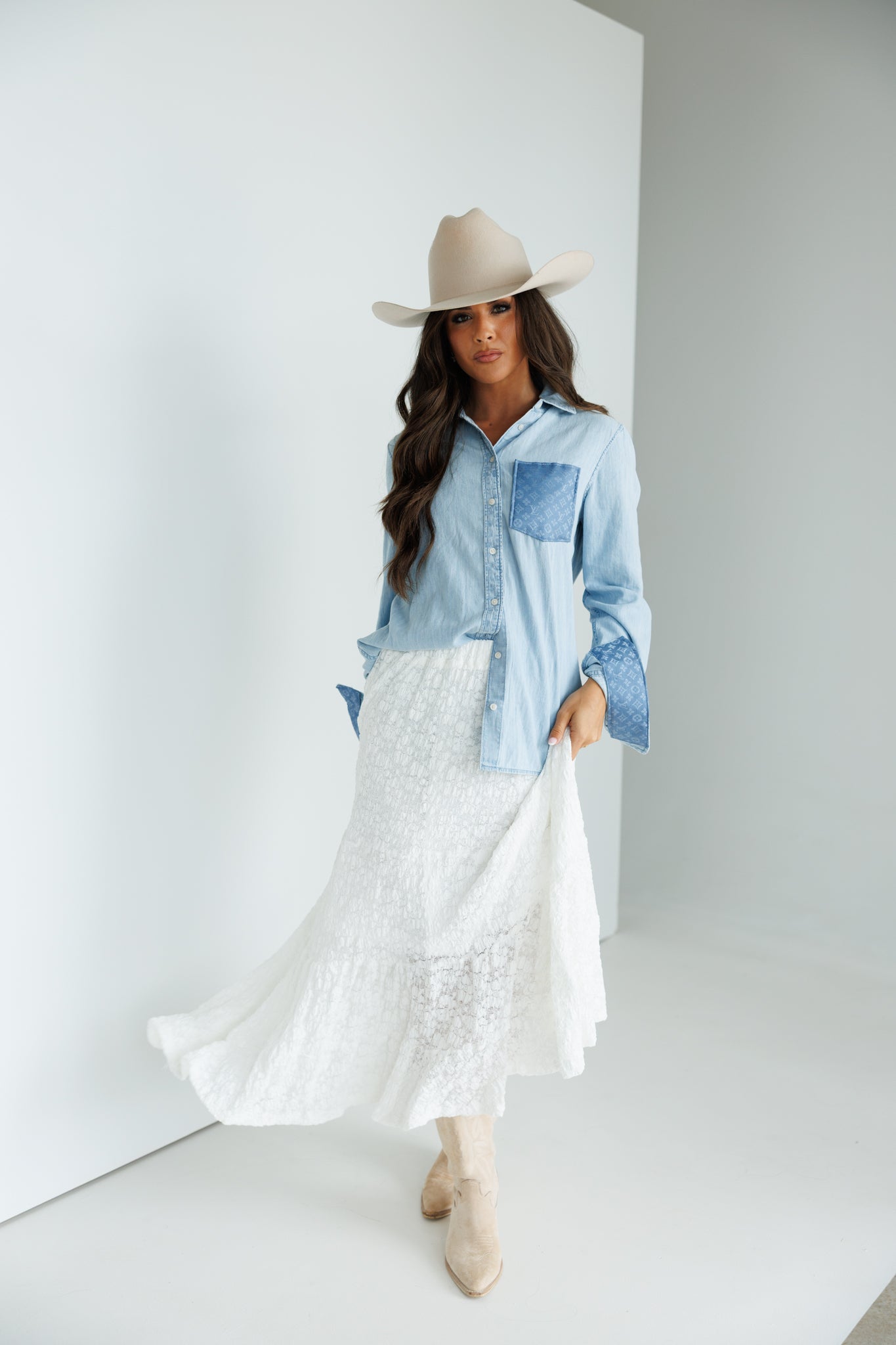 Designer Repurposed Denim Shirt w/ Designer Light Blue Scarf