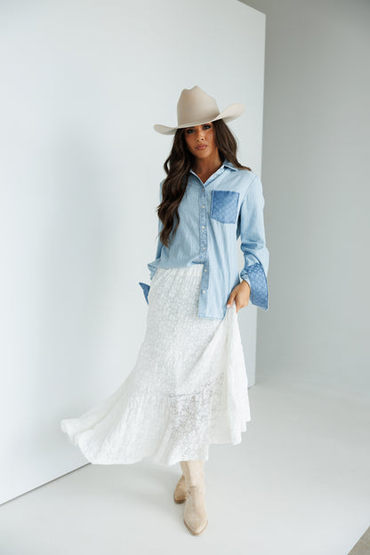 Designer Repurposed Denim Shirt w/ Designer Light Blue Scarf