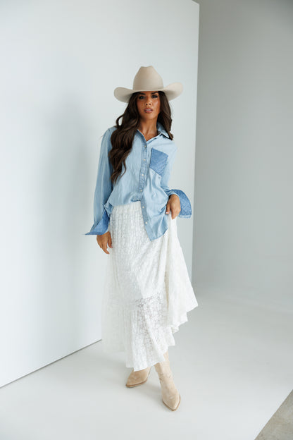 Designer Repurposed Denim Shirt w/ Designer Light Blue Scarf