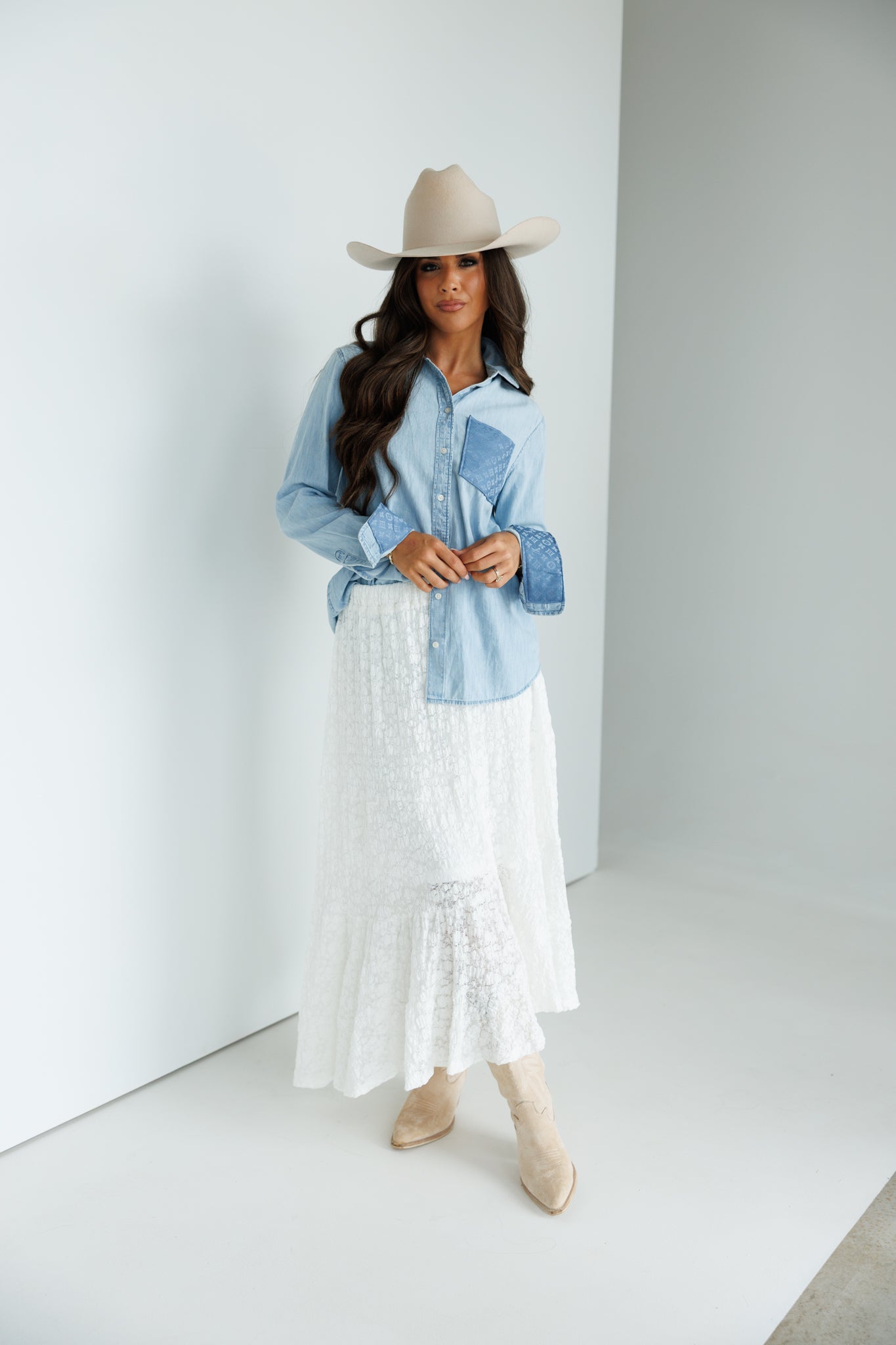 Designer Repurposed Denim Shirt w/ Designer Light Blue Scarf