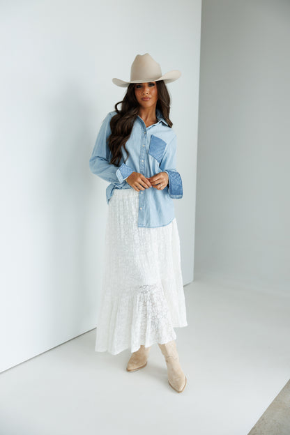 Designer Repurposed Denim Shirt w/ Designer Light Blue Scarf