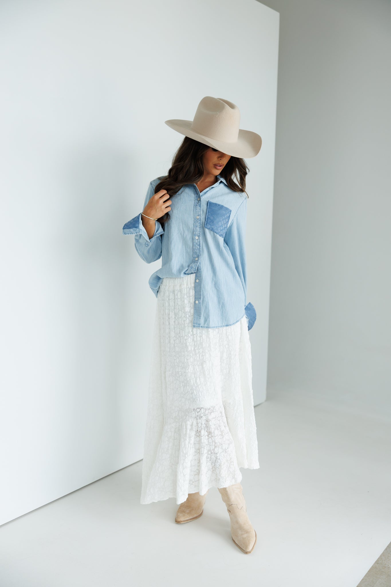 Designer Repurposed Denim Shirt w/ Designer Light Blue Scarf