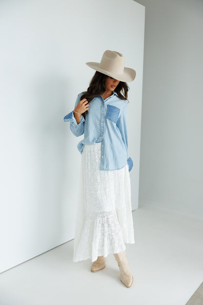 Designer Repurposed Denim Shirt w/ Designer Light Blue Scarf