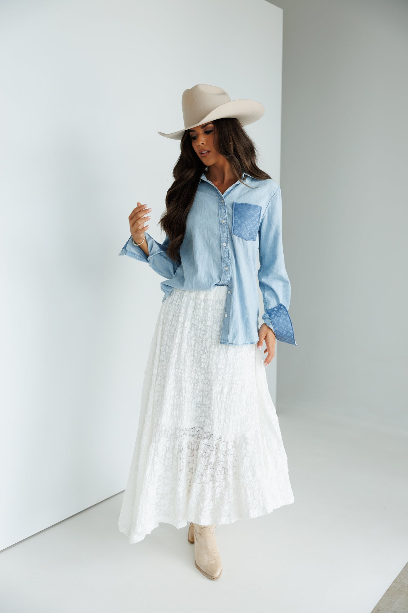 Designer Repurposed Denim Shirt w/ Designer Light Blue Scarf