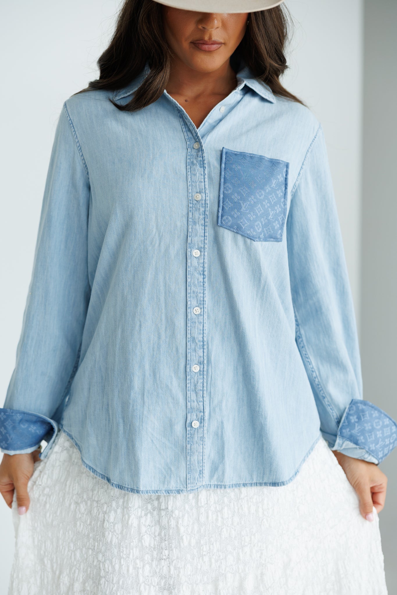 Designer Repurposed Denim Shirt w Designer Light Blue Scarf