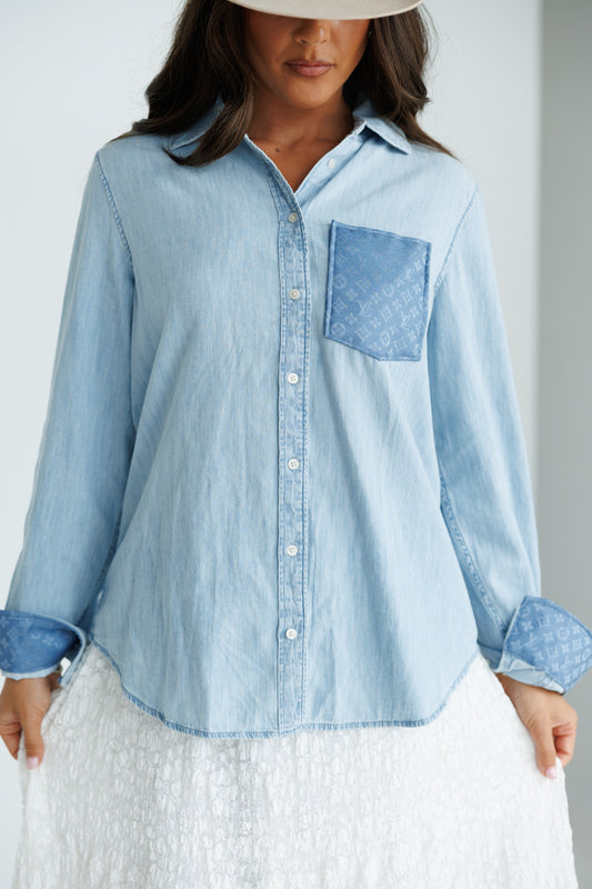 Designer Repurposed Denim Shirt w/ Designer Light Blue Scarf