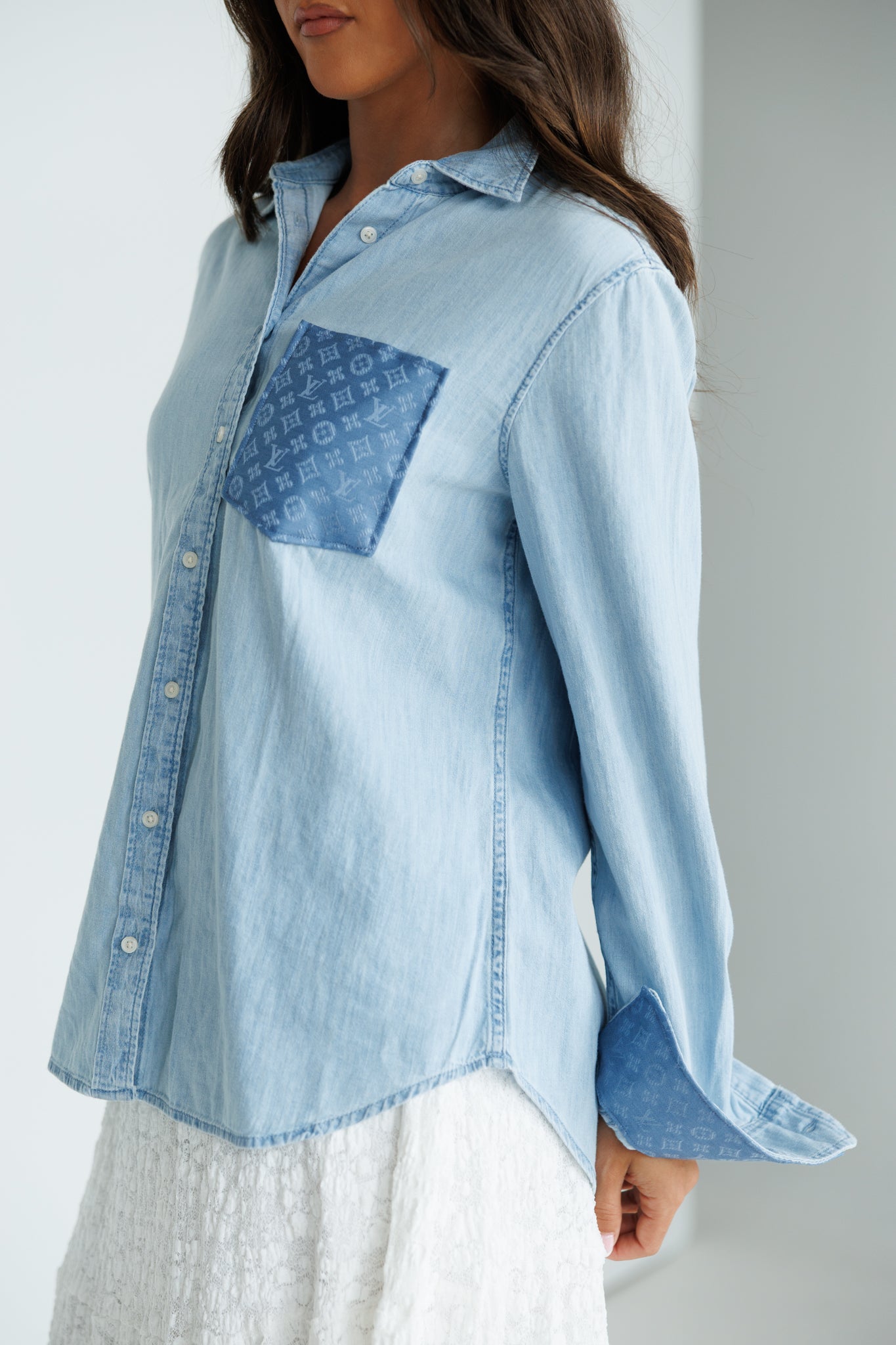 Designer Repurposed Denim Shirt w/ Designer Light Blue Scarf