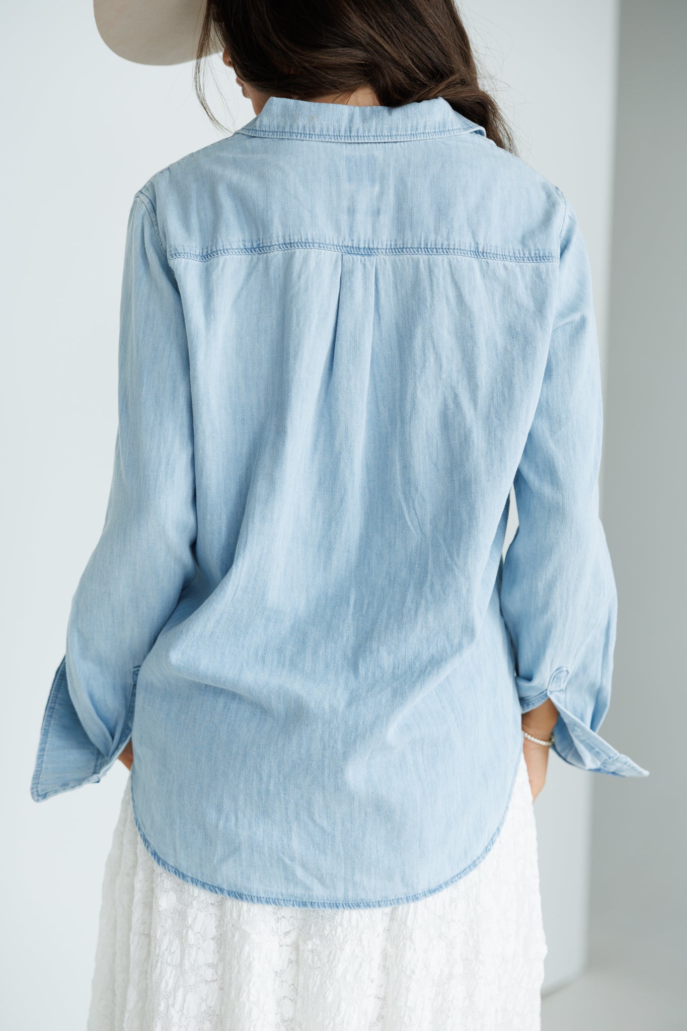 Designer Repurposed Denim Shirt w/ Designer Light Blue Scarf