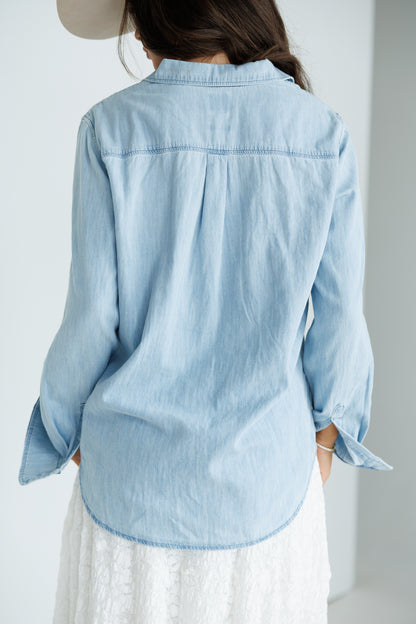 Designer Repurposed Denim Shirt w/ Designer Light Blue Scarf