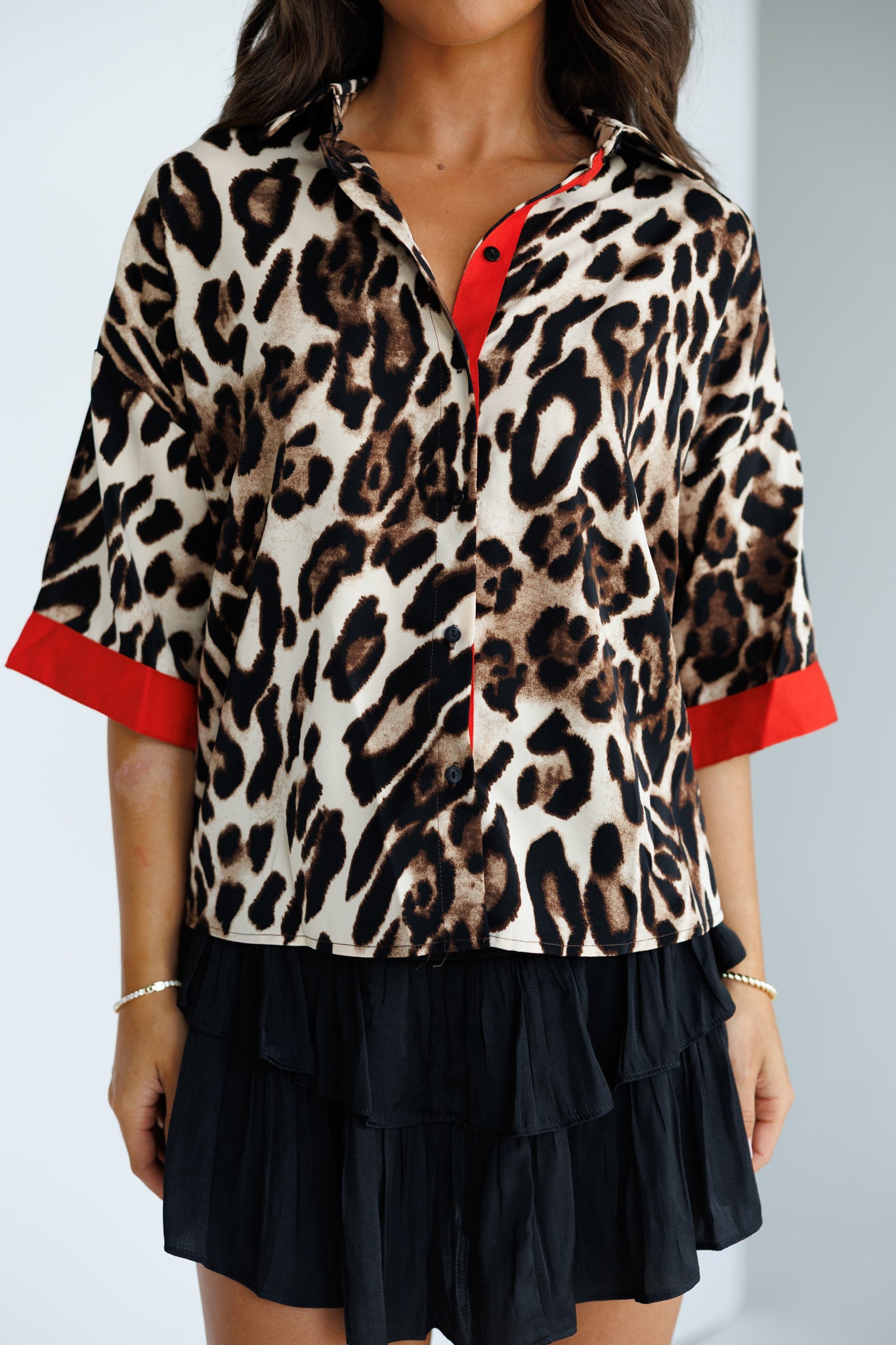 Leopard Print Button Down w/ Red Details