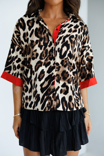 Leopard Print Button Down w/ Red Details