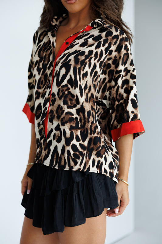 Leopard Print Button Down w/ Red Details