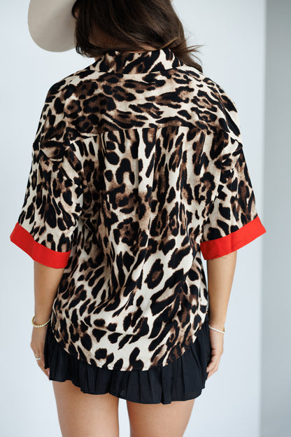 Leopard Print Button Down w/ Red Details