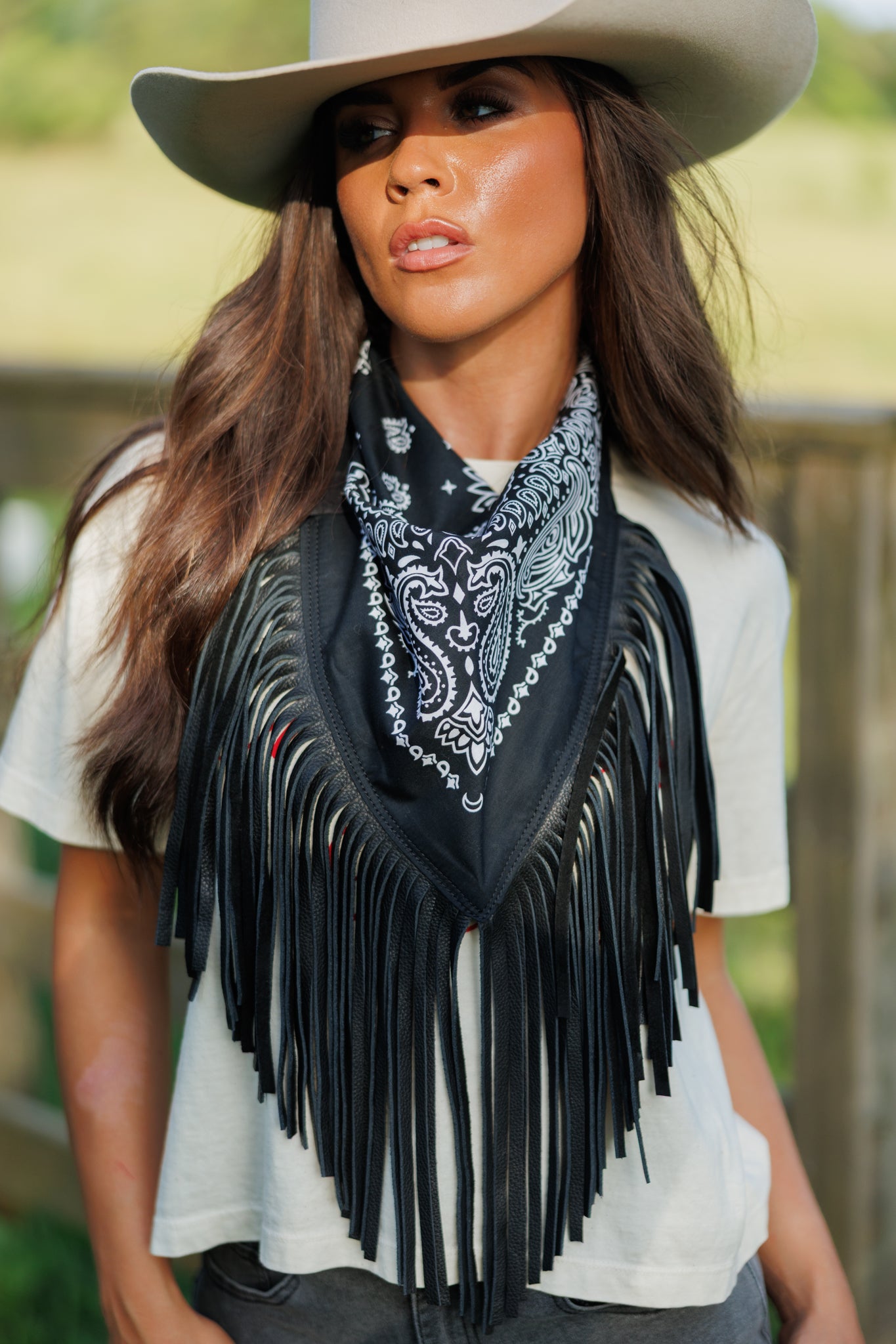 Leather Fringe Bandana in Black on Black