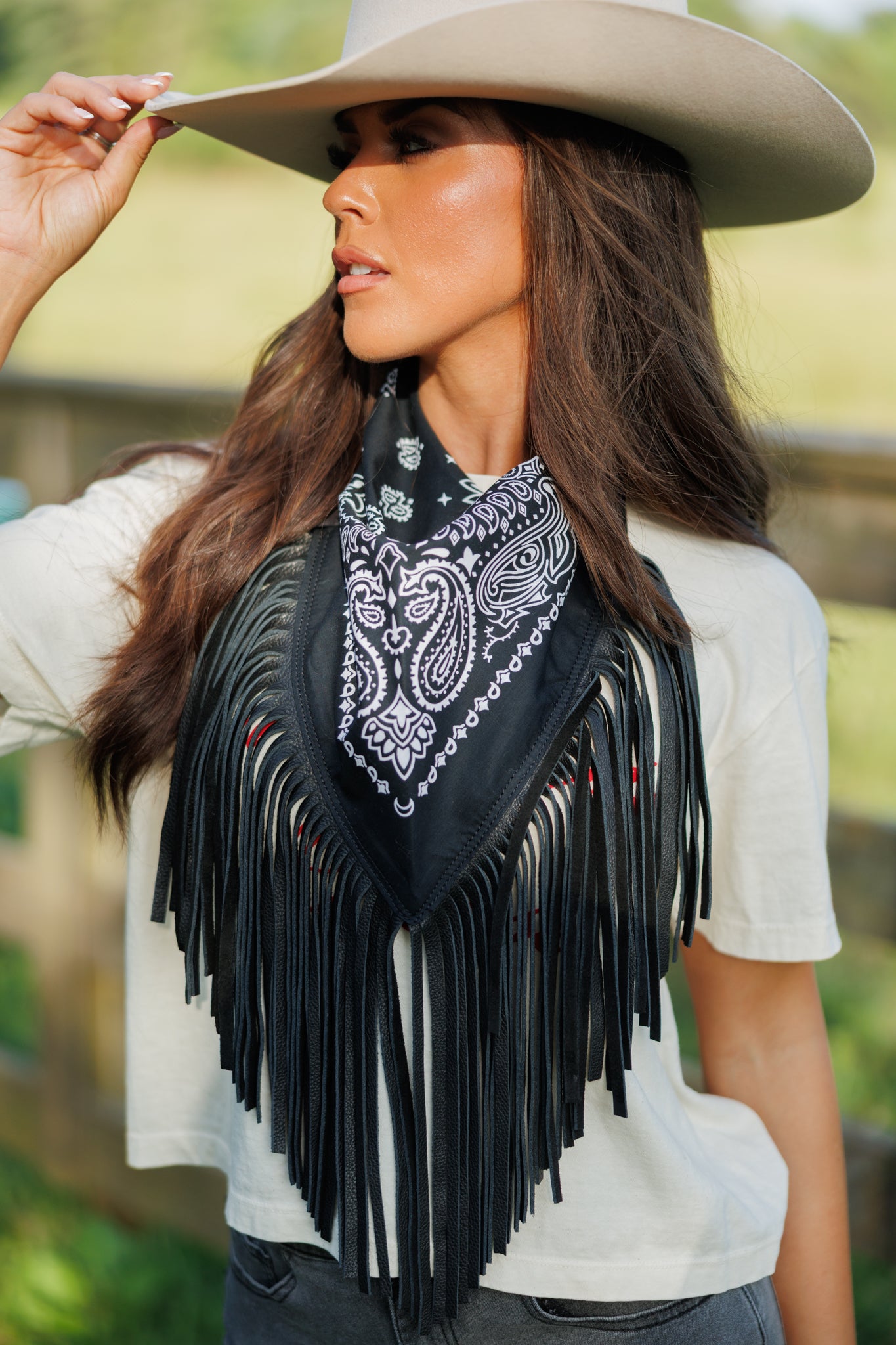 Leather Fringe Bandana in Black on Black