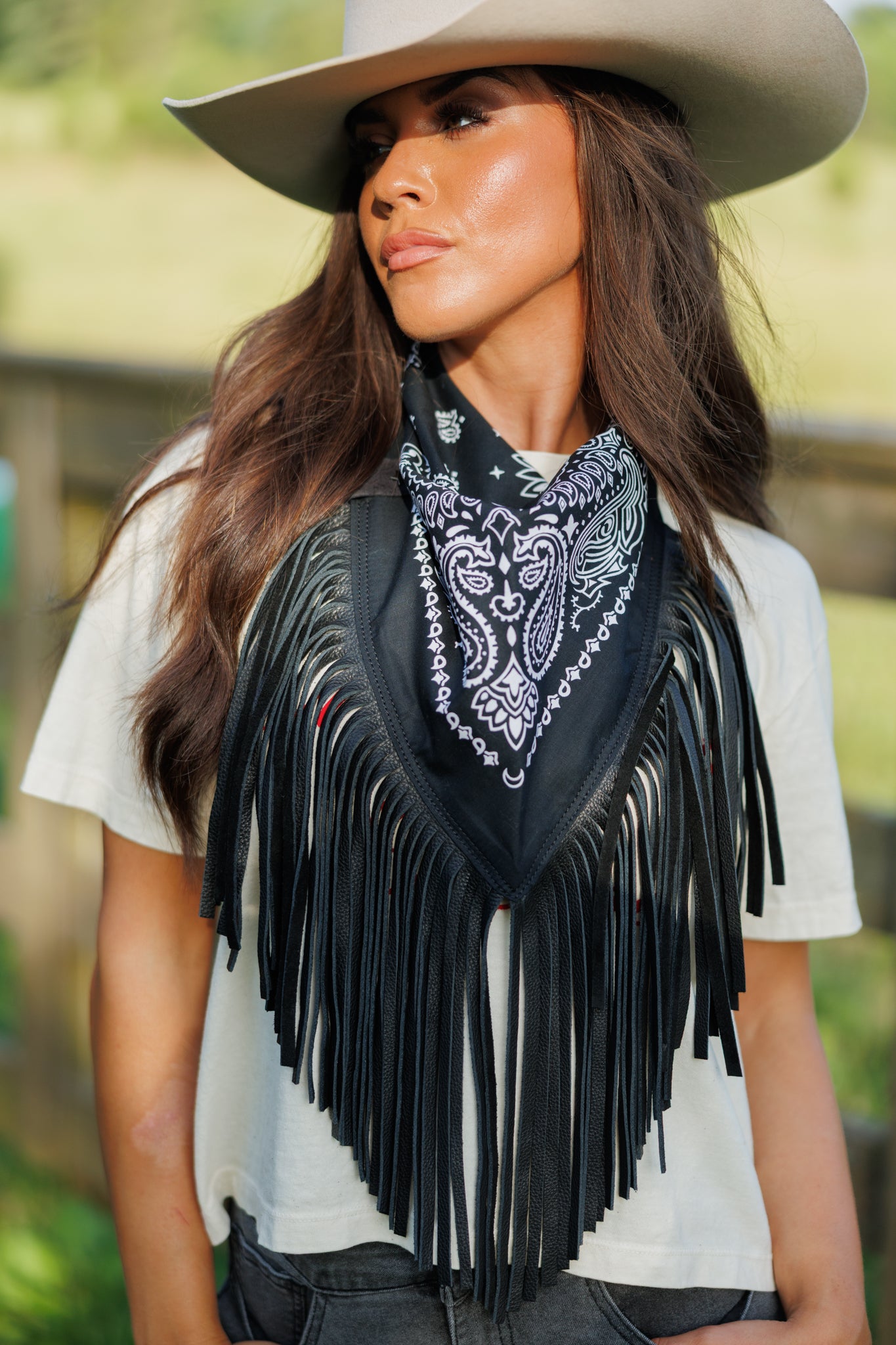 Leather Fringe Bandana in Black on Black