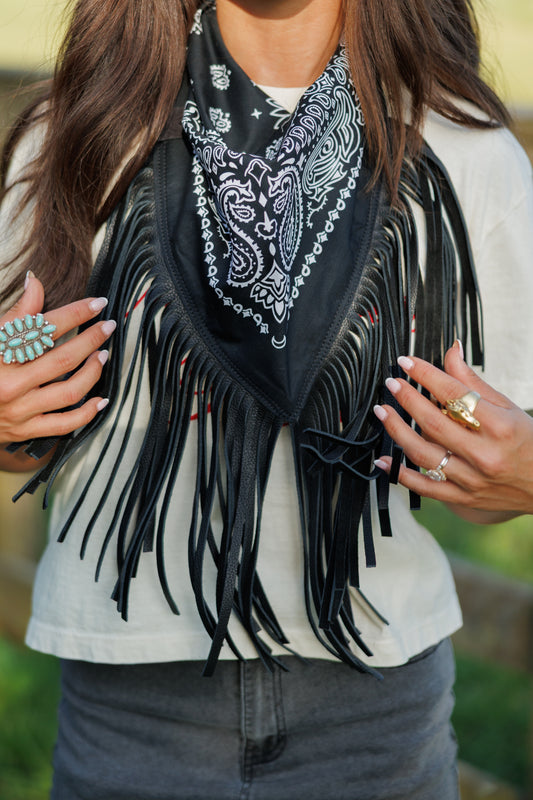 Leather Fringe Bandana in Black on Black