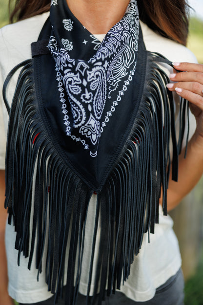 Leather Fringe Bandana in Black on Black