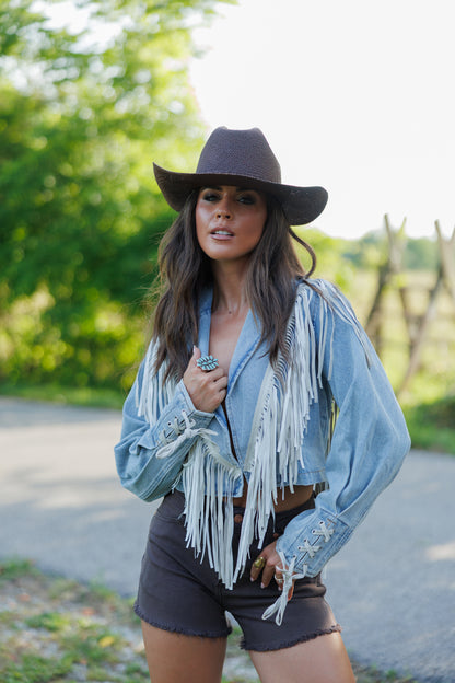 "Aspen" Cropped Fringe Denim Jacket in Light Wash