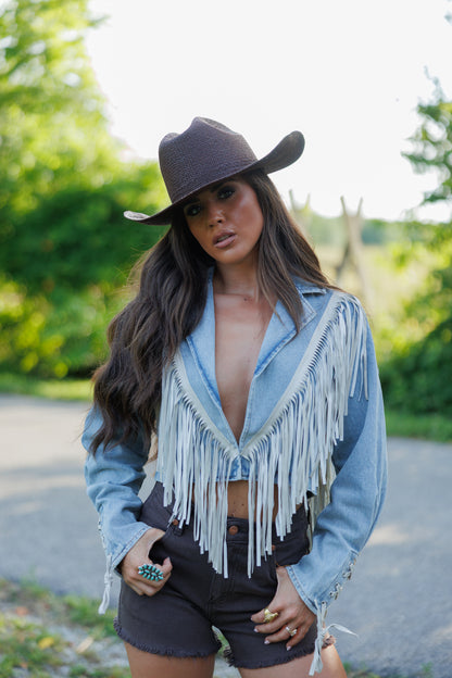 "Aspen" Cropped Fringe Denim Jacket in Light Wash