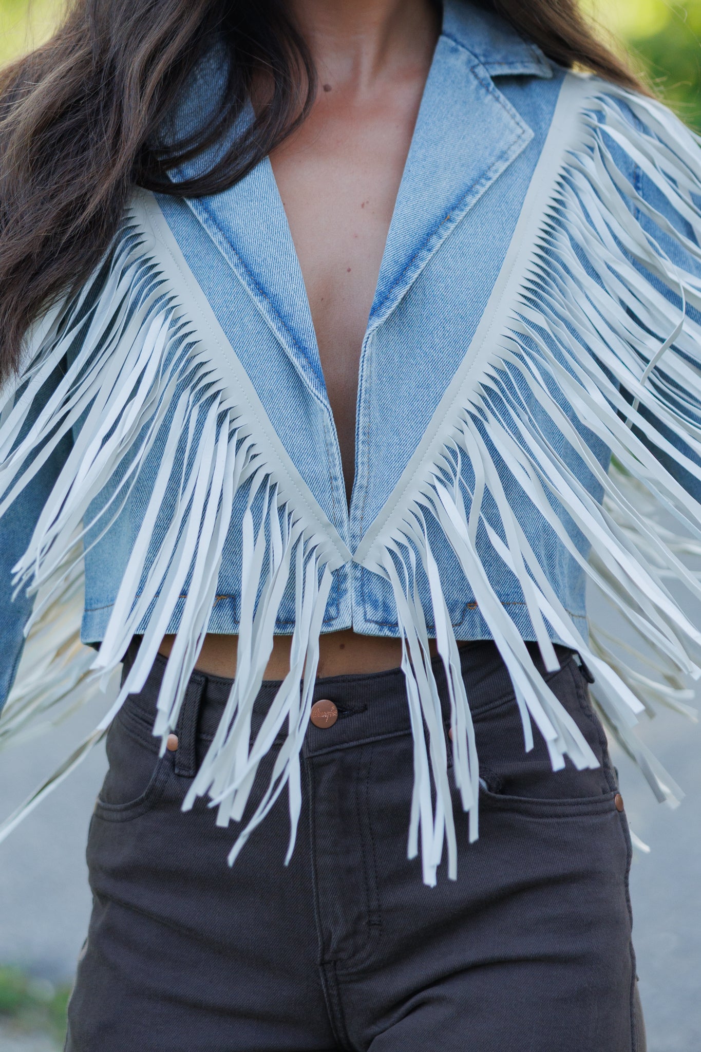 "Aspen" Cropped Fringe Denim Jacket in Light Wash