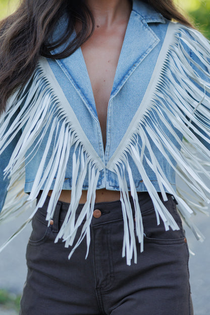 "Aspen" Cropped Fringe Denim Jacket in Light Wash