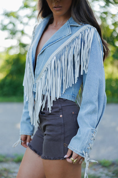 "Aspen" Cropped Fringe Denim Jacket in Light Wash