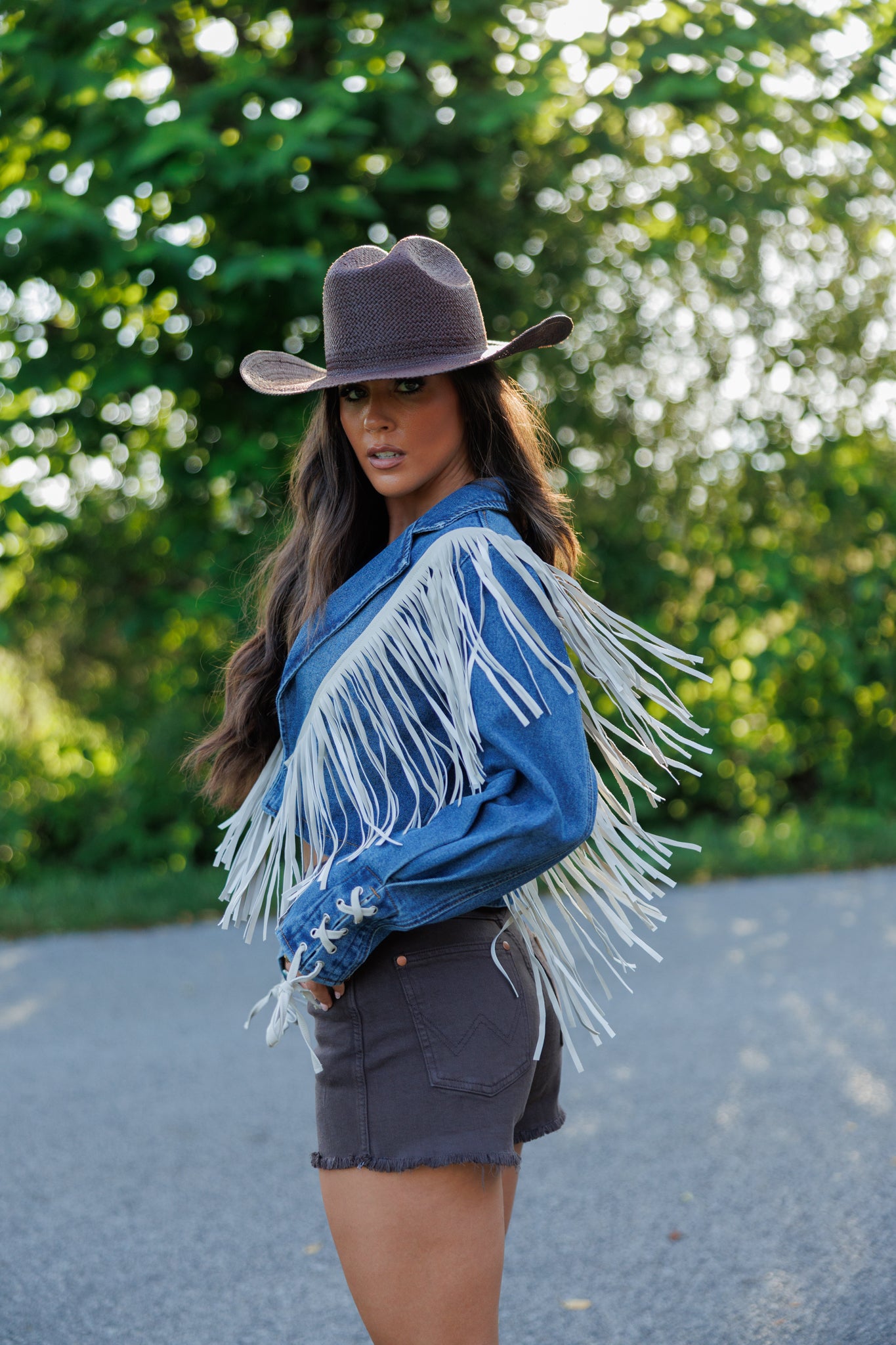 "Aspen" Cropped Fringe Denim Jacket in Medium Wash