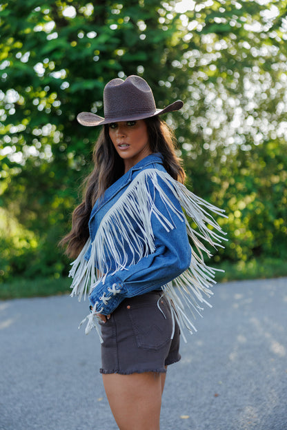 "Aspen" Cropped Fringe Denim Jacket in Medium Wash
