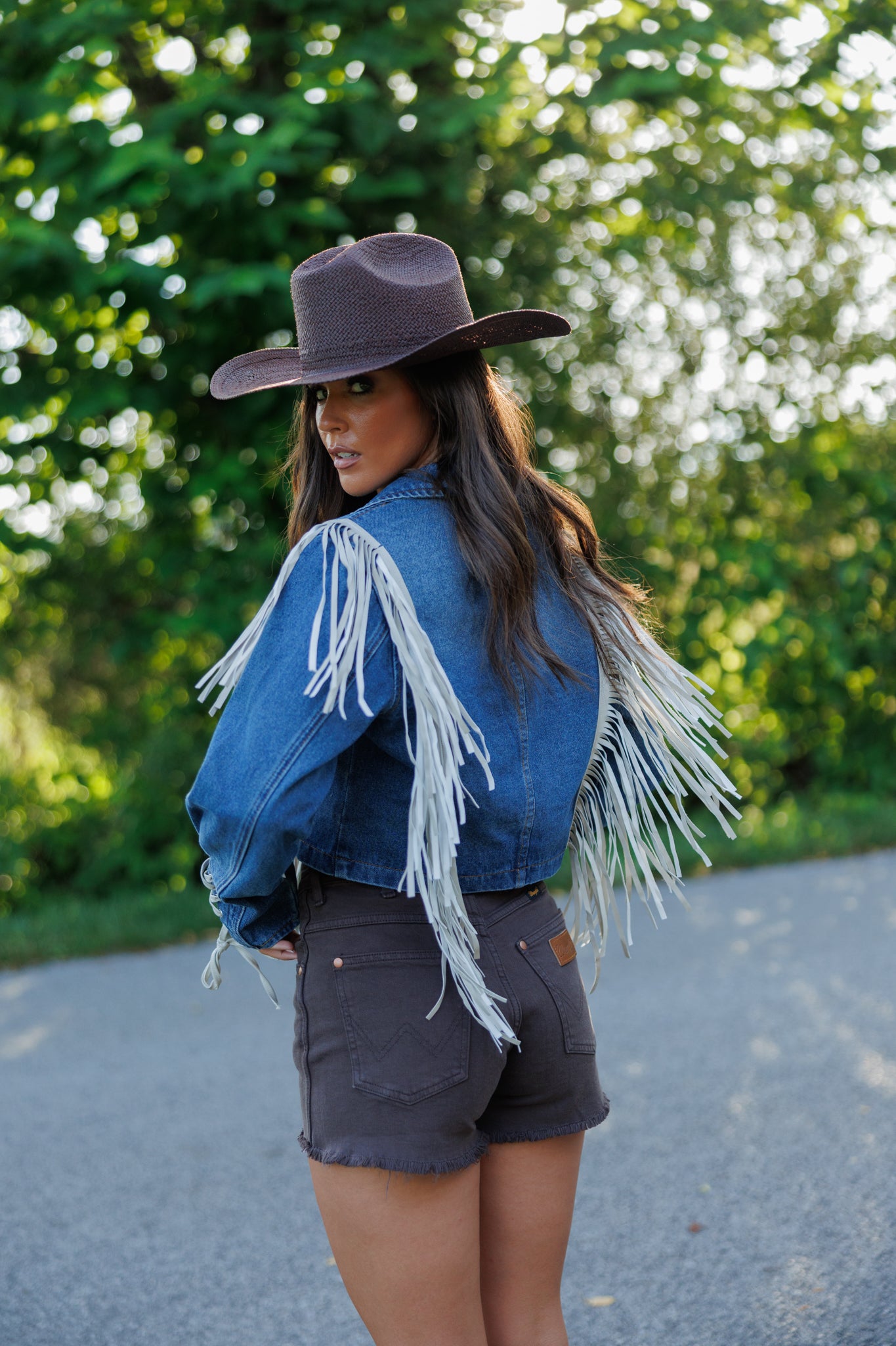 "Aspen" Cropped Fringe Denim Jacket in Medium Wash