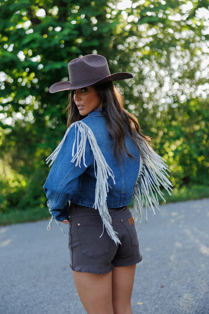 "Aspen" Cropped Fringe Denim Jacket in Medium Wash