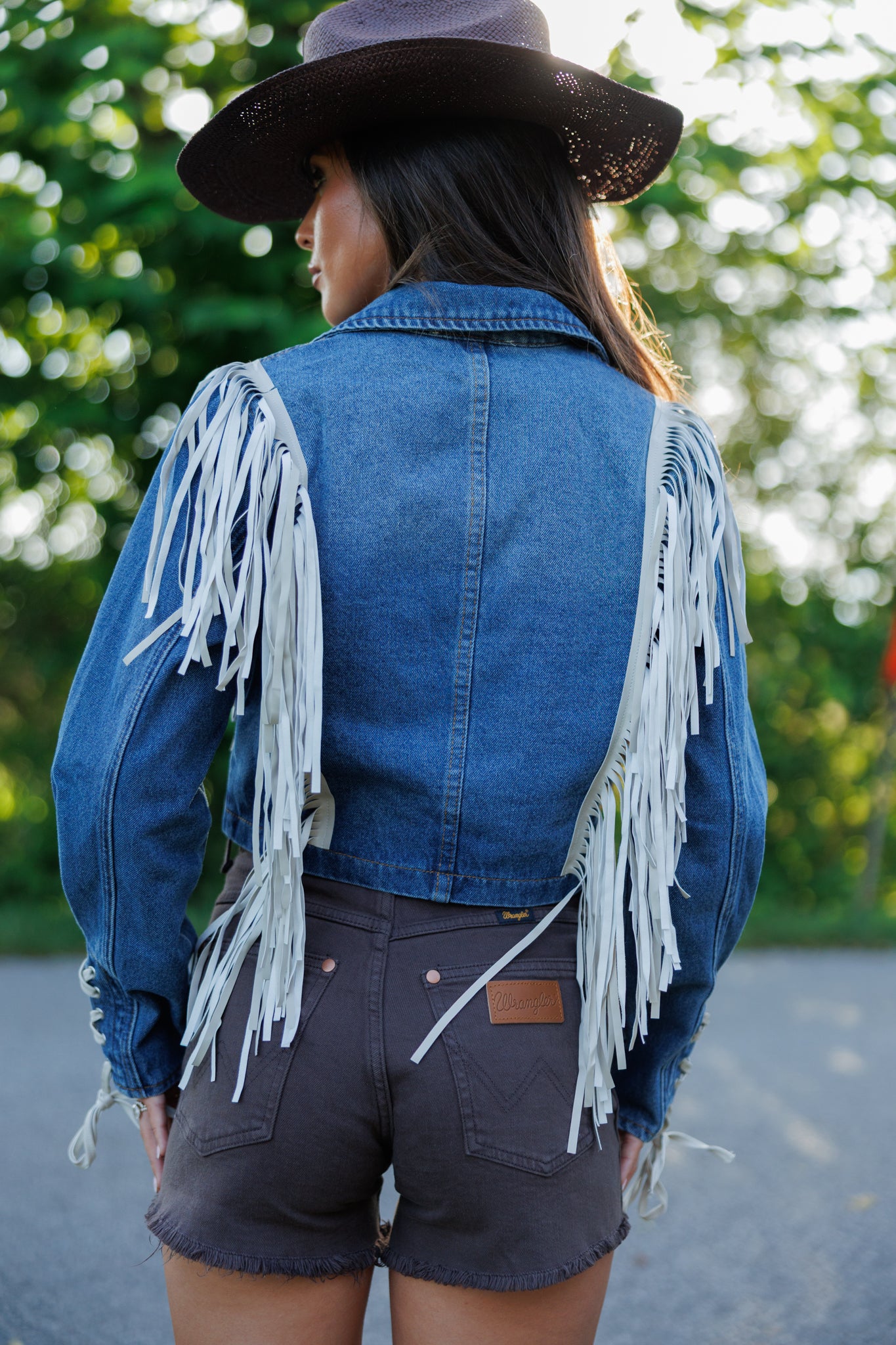 "Aspen" Cropped Fringe Denim Jacket in Medium Wash