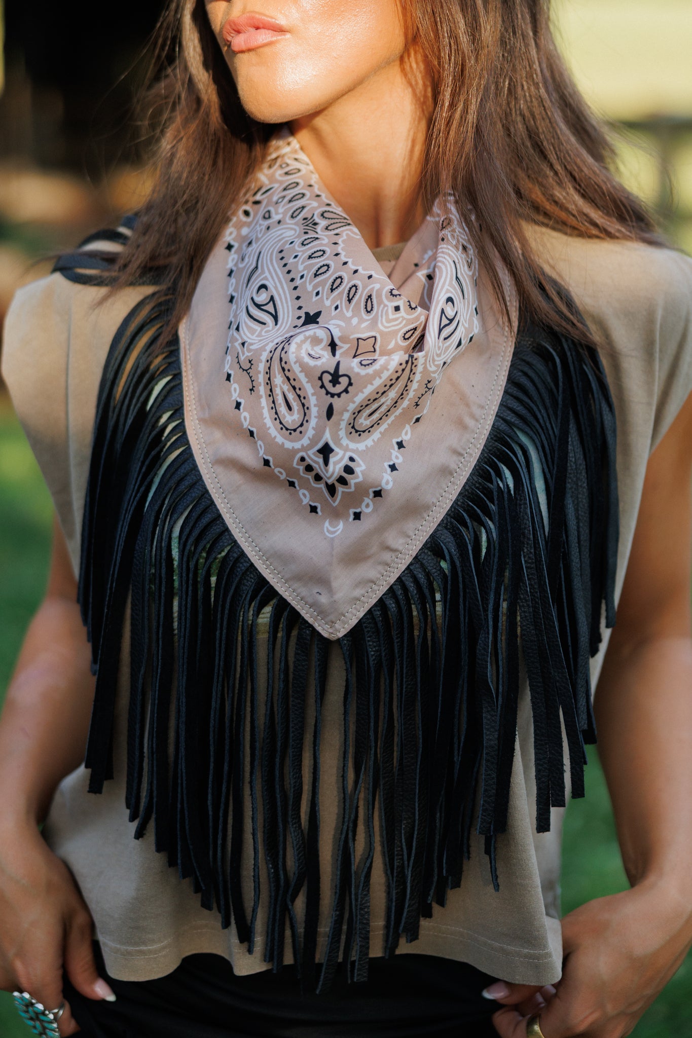 Leather Fringe Bandana in Nude/Black