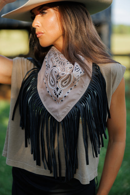 Leather Fringe Bandana in Nude/Black