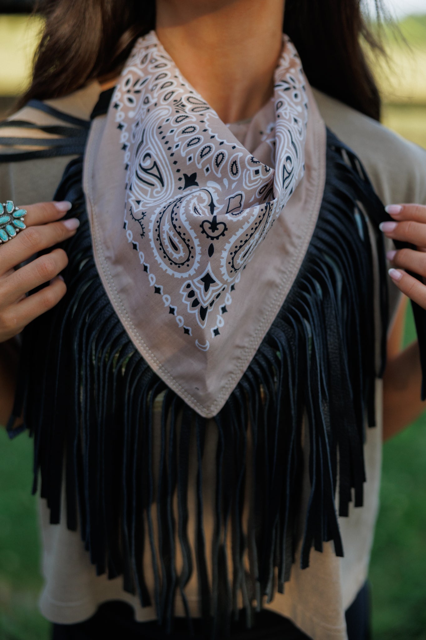 Leather Fringe Bandana in Nude/Black