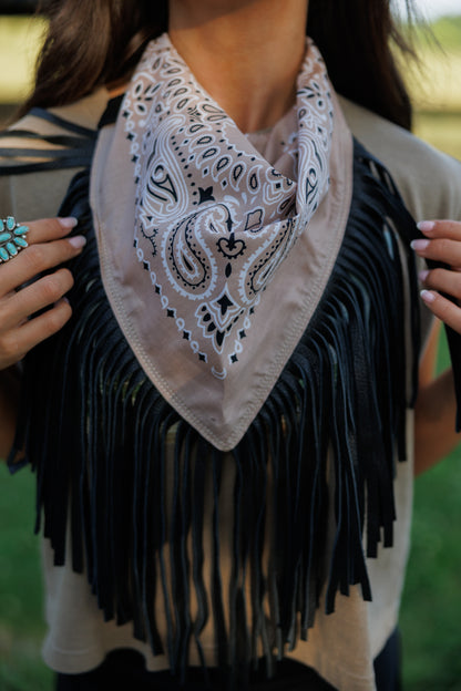 Leather Fringe Bandana in Nude/Black