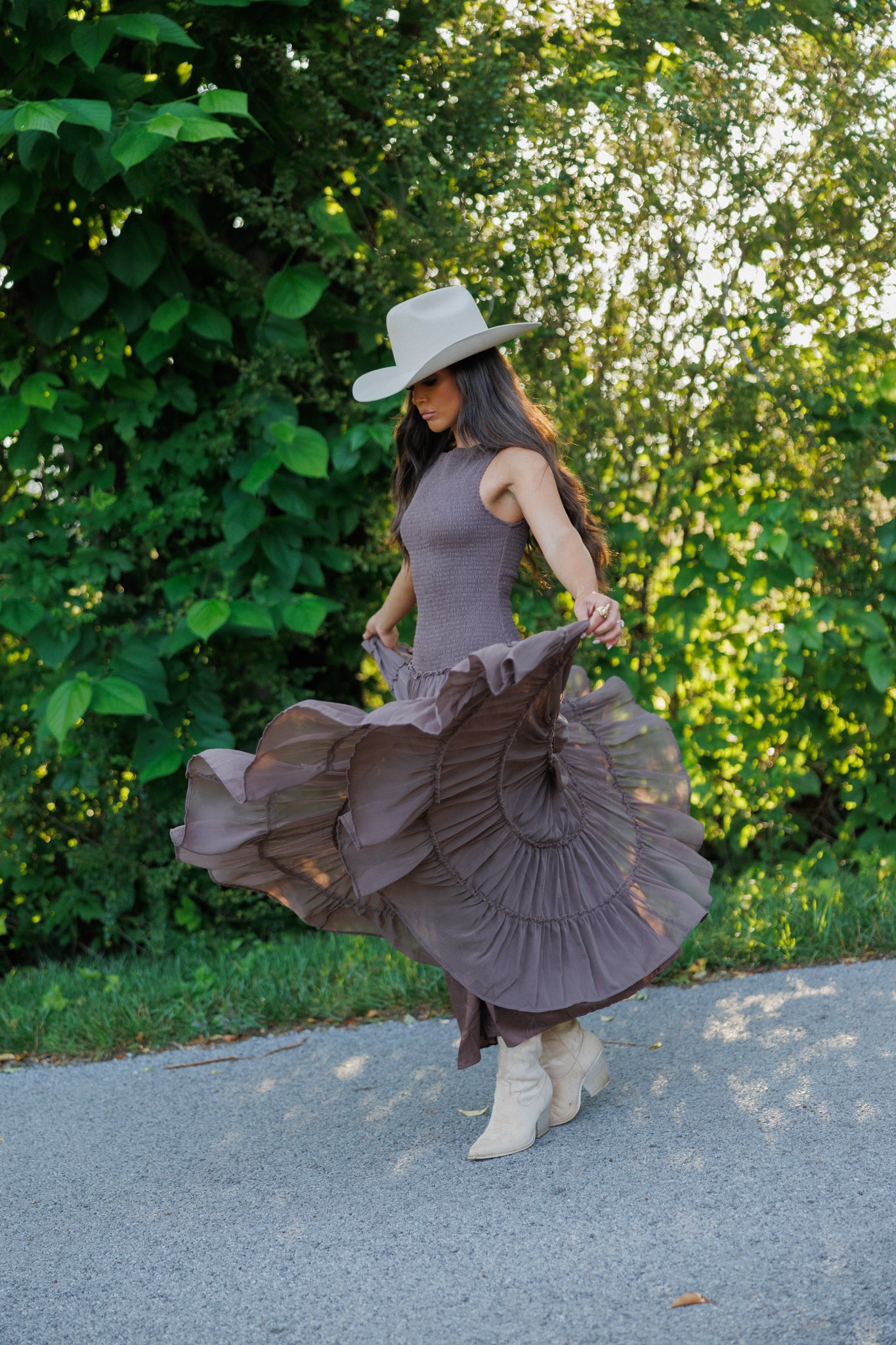 Smocked Maxi Dress in Brown