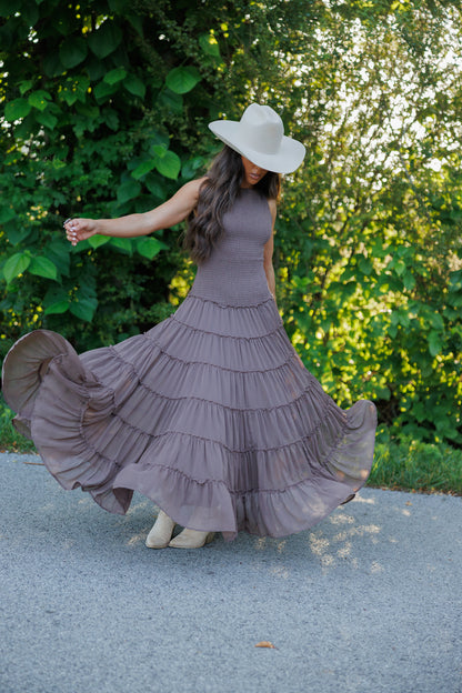 Smocked Maxi Dress in Brown