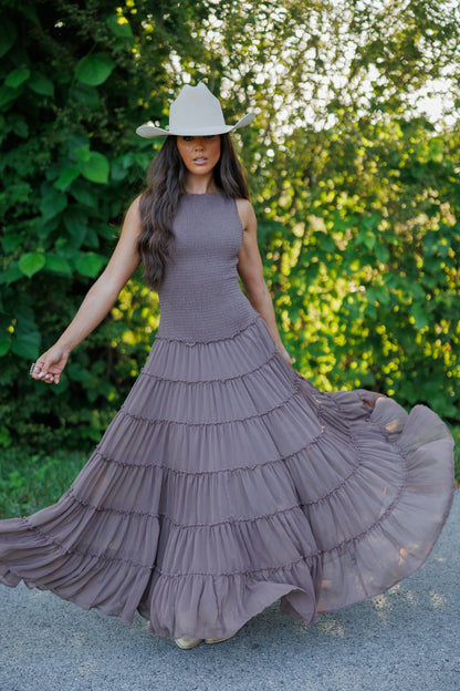 Smocked Maxi Dress in Brown