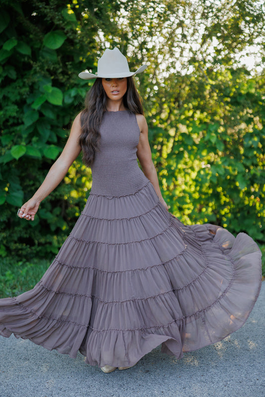 Smocked Maxi Dress in Brown