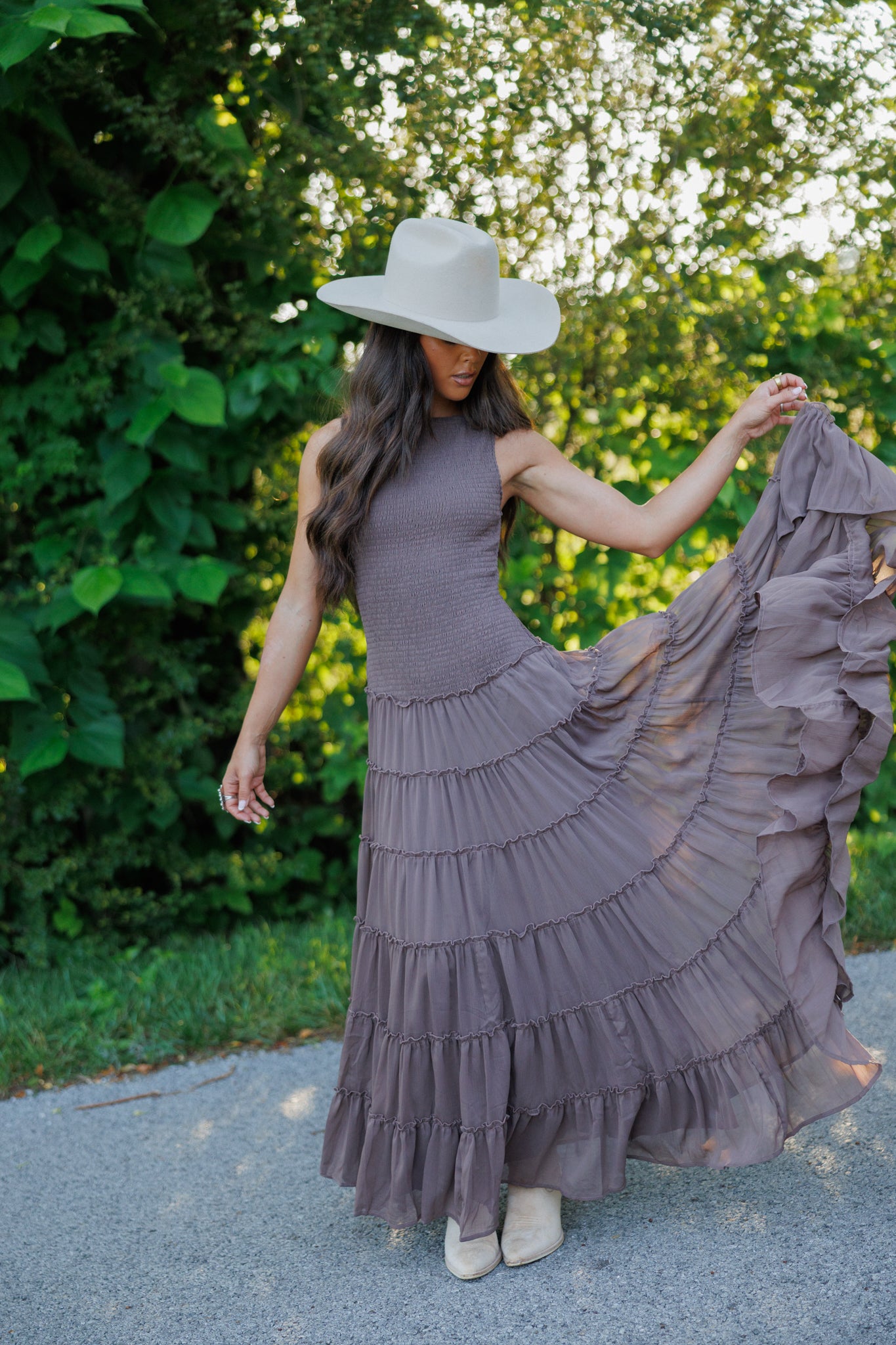 Smocked Maxi Dress in Brown